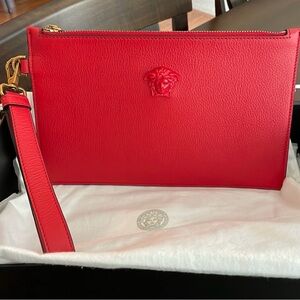 Versace Medusa Zip Pouch Wristlet Red Leather